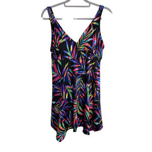 Avenue Plus Size 14 One-Piece Swimdress Black Neon Tropical Leaf Print W/ Bottom